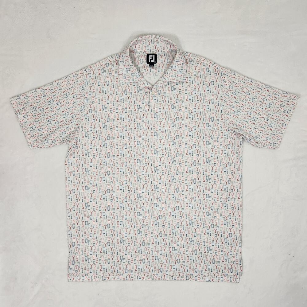 FootJoy XL Golf Shirt Mens White Cocktail Glass Drink Novelty Print Polo Stretch